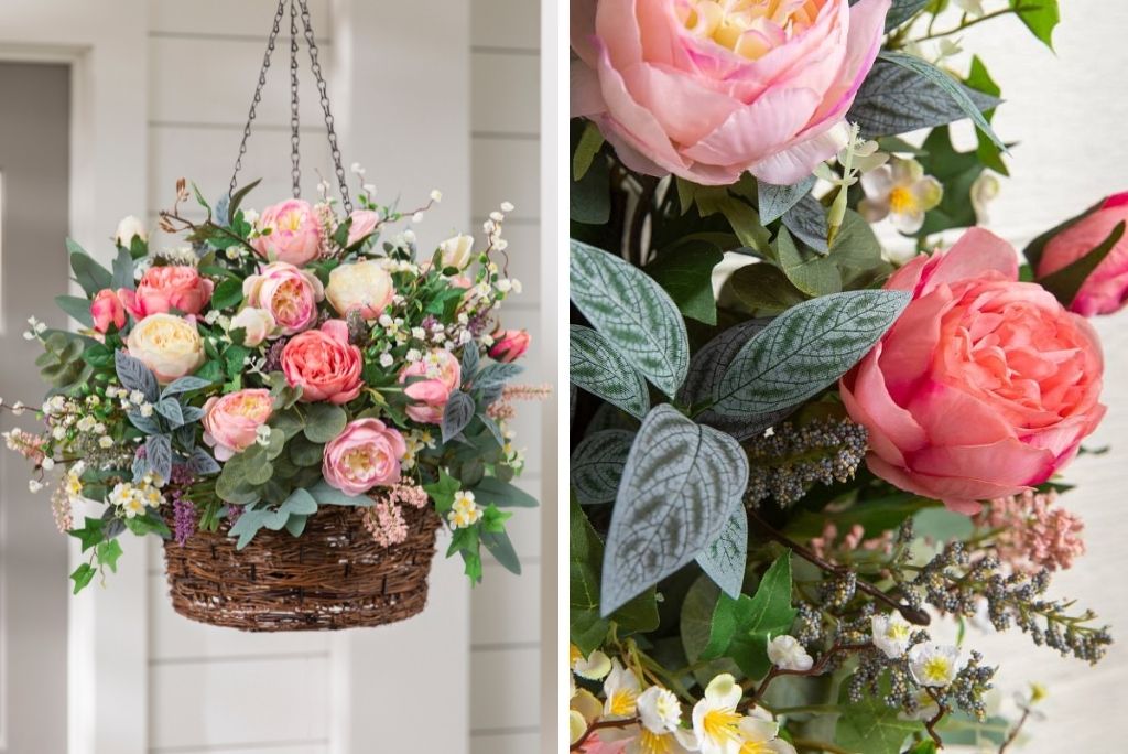 Artificial hanging plant with blush roses, eucalyptus, and ivy leaves as front porch decor