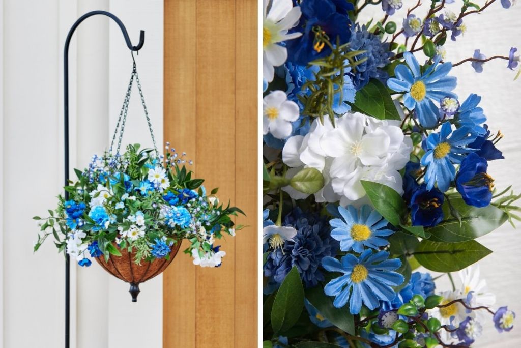 Blue and white artificial hanging flowers used as spring decor