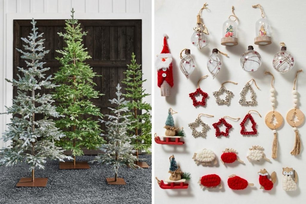 Sparse artificial Christmas trees and Scandinavian-inspired ornaments