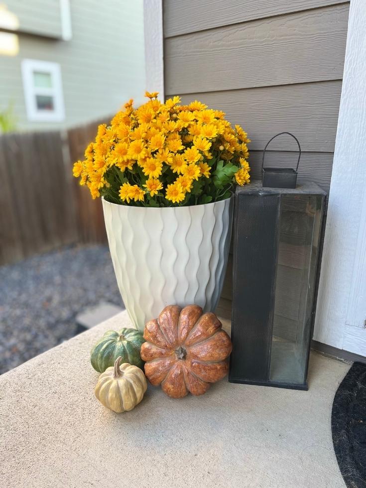 Potted golden mums, pumpkins, and a lantern on the front porch