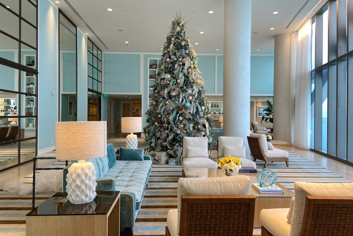 A Balsam Hill Christmas tree with turquoise theme at the Ritz-Carlton Residences, Sunny Isles, Florida